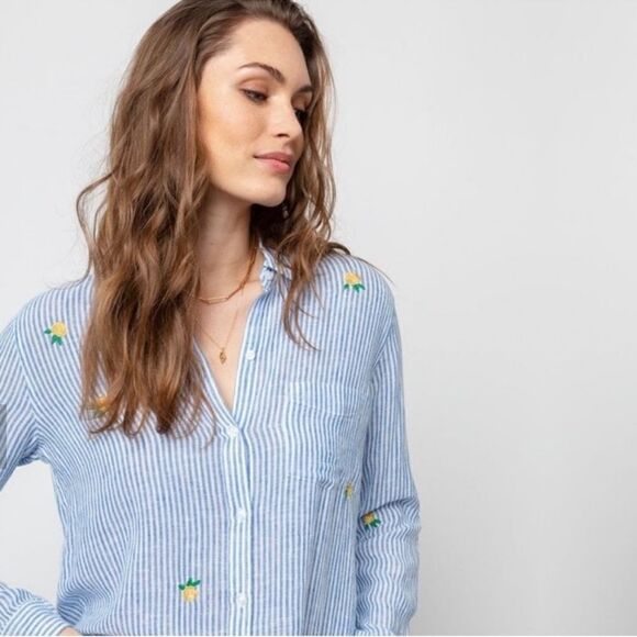 Rails L Charli Blue White Vertical Stripes Yellow Green Embroidered Roses Shirt - Picture 1 of 15